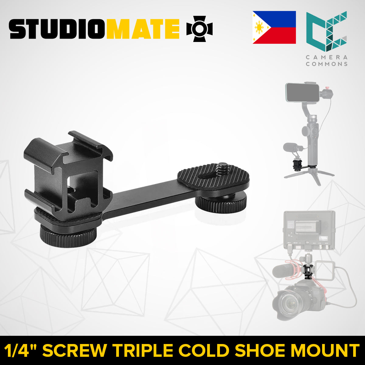STUDIOMATE Triple Cold Shoe Mount Universal Extension Bar Bracket Holder Adapter 1/4" Screw Coldshoe for LED Video Light DSLR Phone Gimbal Stabilizer Microphone