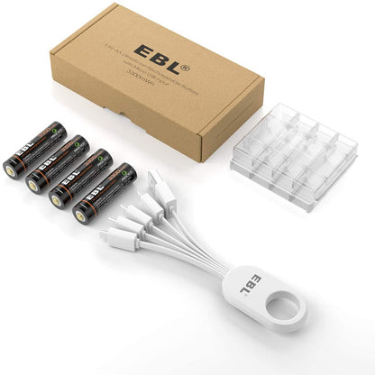 EBL USB Rechargeable Lithium AA Batteries - 1.5V 3300mWh Long Lasting Rechargeable Double A Li-ion Batteries with Micro Charging Cable - Quick Charge in 2 Hours (4 Pack)