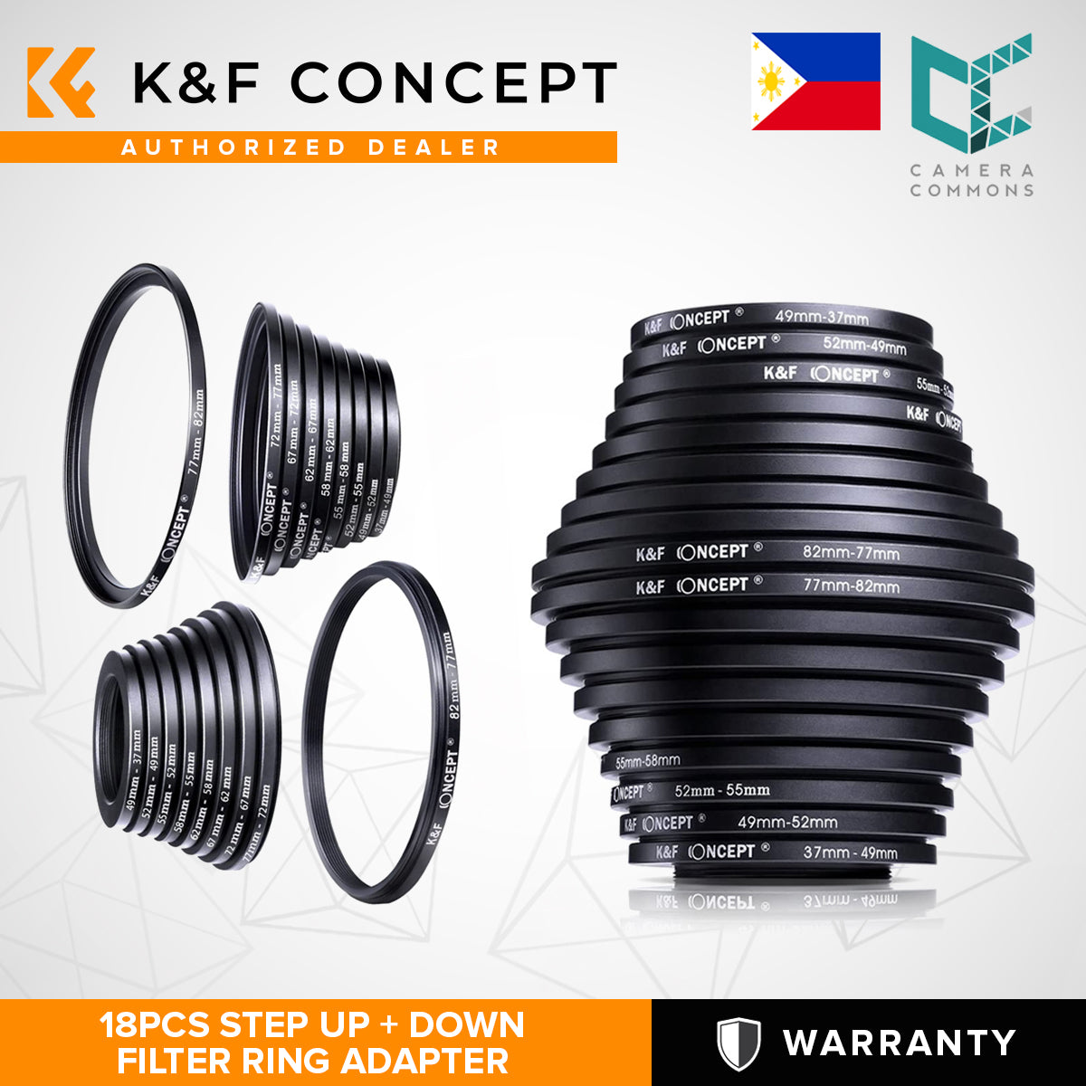 K&F Concept PH Official 18pcs Camera Lens Filter Ring Adapter Metal Stepping Rings Kit (9pcs Step Up Ring Set + 9pcs Step Down Ring Set)