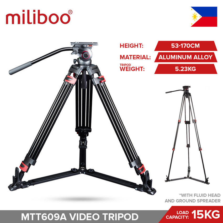 Miliboo MTT609A Professional Aluminum Video Tripod with Fluid Head and Ground Spreader Heavy Duty