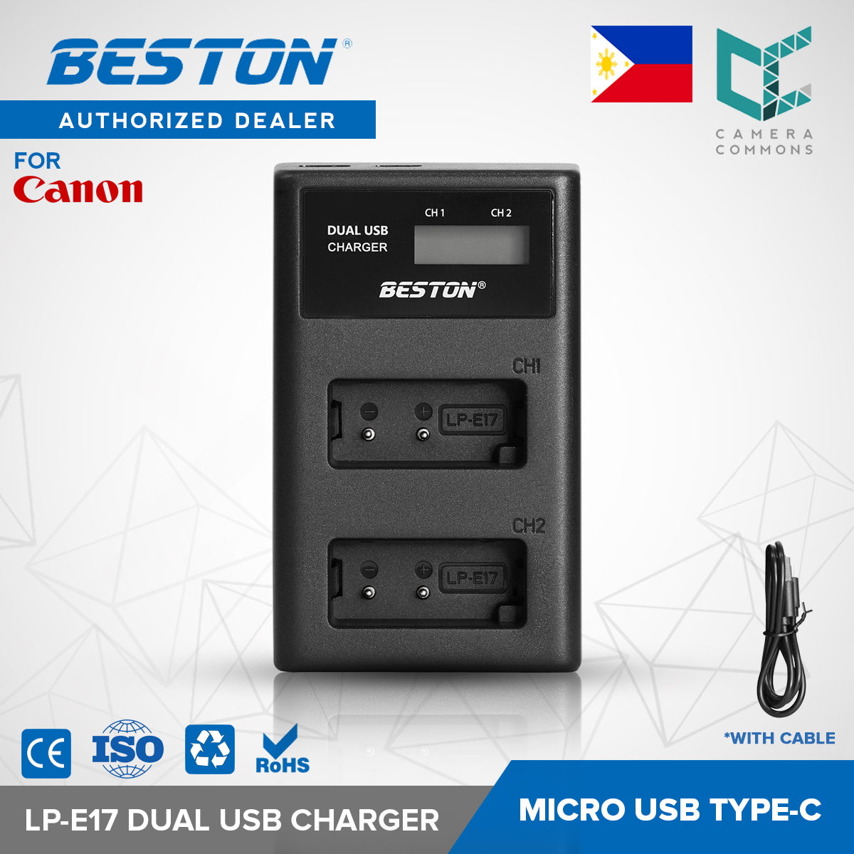 BESTON LP-E17 LCD Dual USB Charger (Micro USB Type-C) for Canon Camera Batteries LPE17