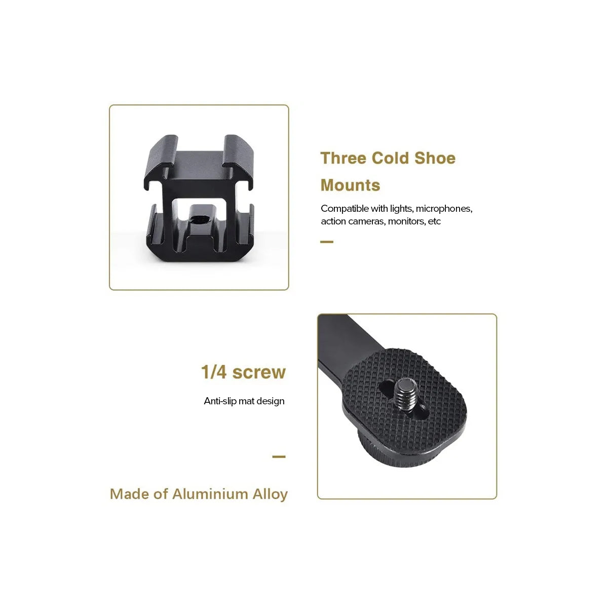 STUDIOMATE Triple Cold Shoe Mount Universal Extension Bar Bracket Holder Adapter 1/4" Screw Coldshoe for LED Video Light DSLR Phone Gimbal Stabilizer Microphone