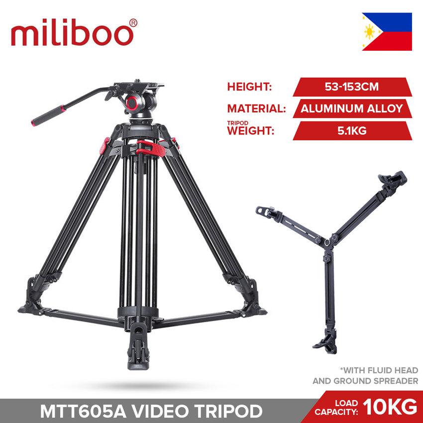 Miliboo MTT605A Professional Aluminum Video Tripod with Fluid Head and Ground Spreader Heavy Duty