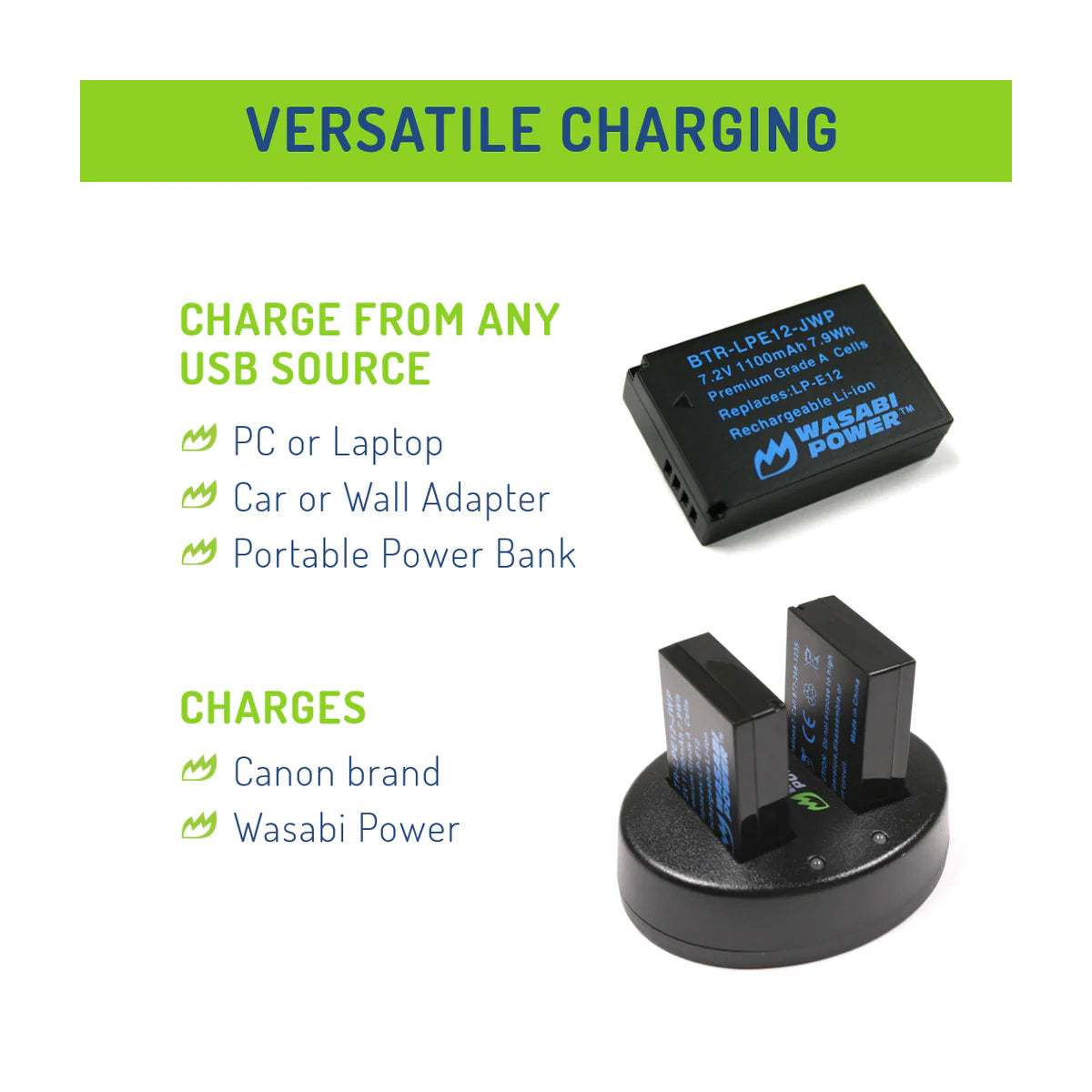 Wasabi Power LP-E12 Dual Kit Battery Charger for Canon Cameras LPE12
