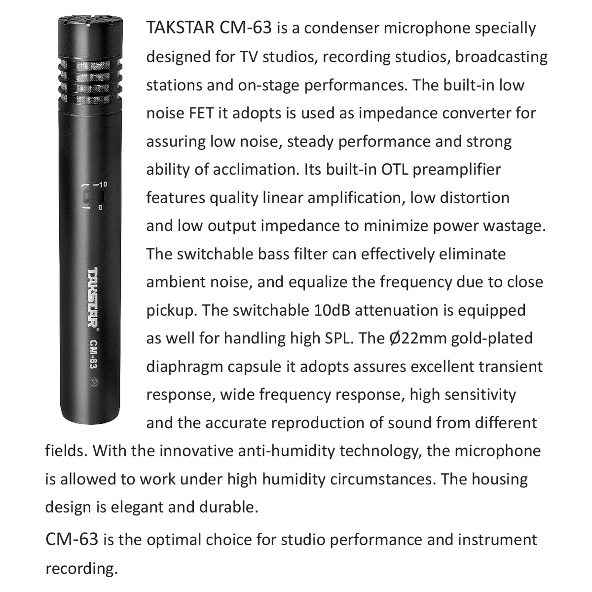 Takstar CM-63 Small Diaphragm Microphone for Audio Sound Studio Production CM63