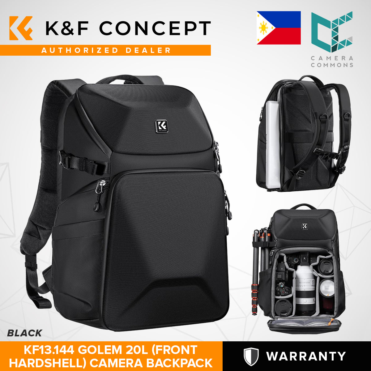 K&F Concept Golem 20L Large Camera Backpack Waterproof Bag Front HardShell 15.6" Laptop Compartment Tripod Holder for Photographers Black Dark Blue KF13.144