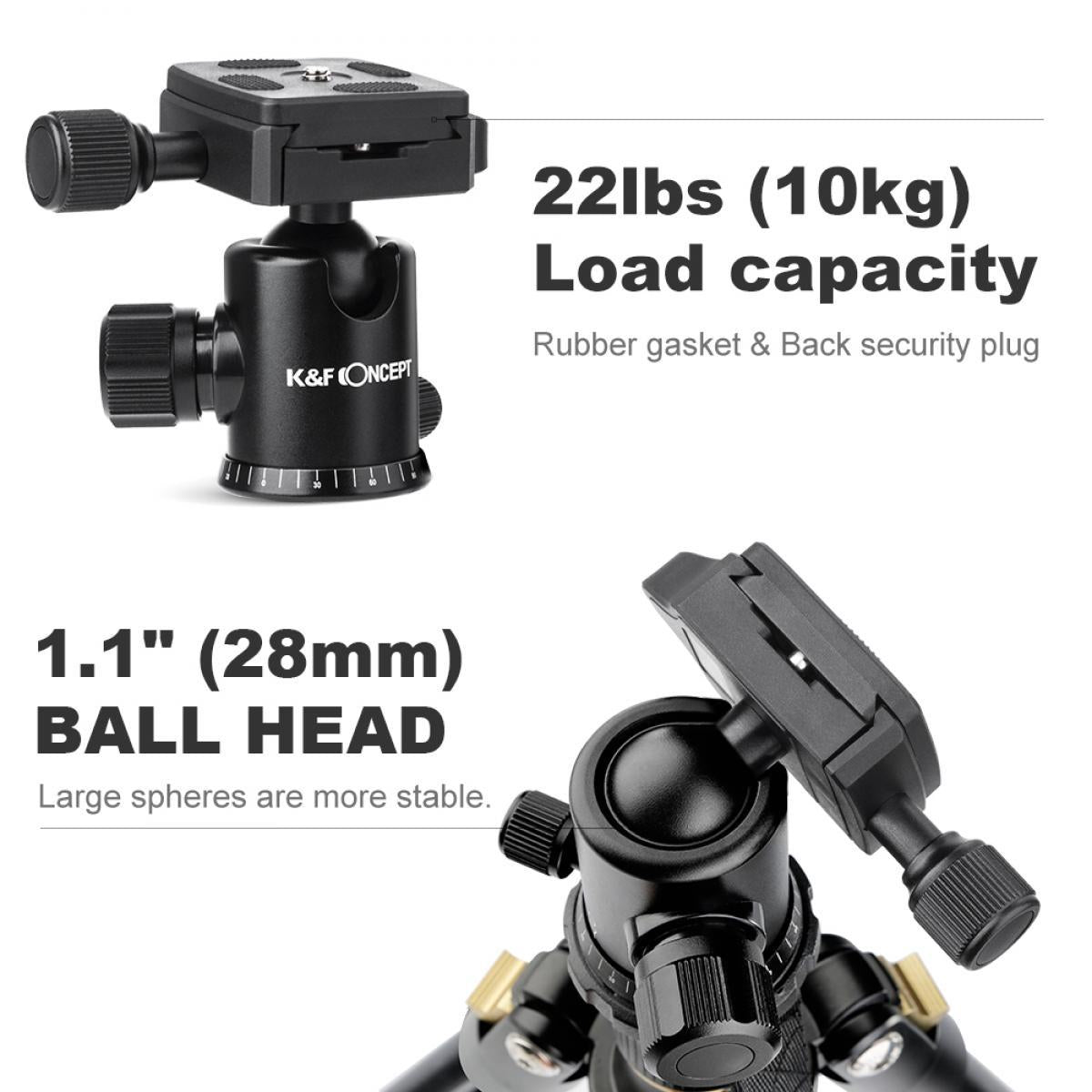 K&F Concept 62'' TM2324 DSLR Tripod, Lightweight and Compact Aluminum Camera Tripod with 360 Panorama Ball Head Quick Release Plate for Travel and Work TM2324