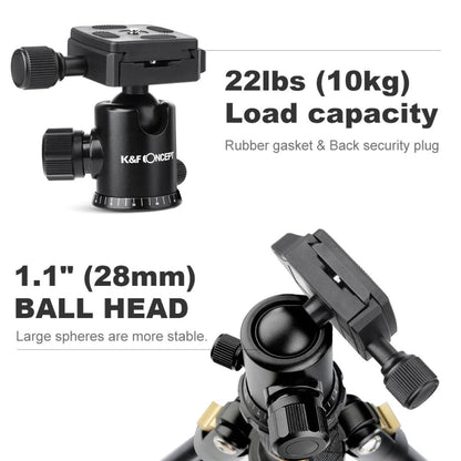 K&F Concept 62'' TM2324 DSLR Tripod, Lightweight and Compact Aluminum Camera Tripod with 360 Panorama Ball Head Quick Release Plate for Travel and Work TM2324