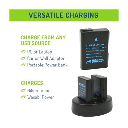Wasabi Power EN-EL14 EN-EL14A Dual Kit Battery Charger for Nikon Cameras ENEL14