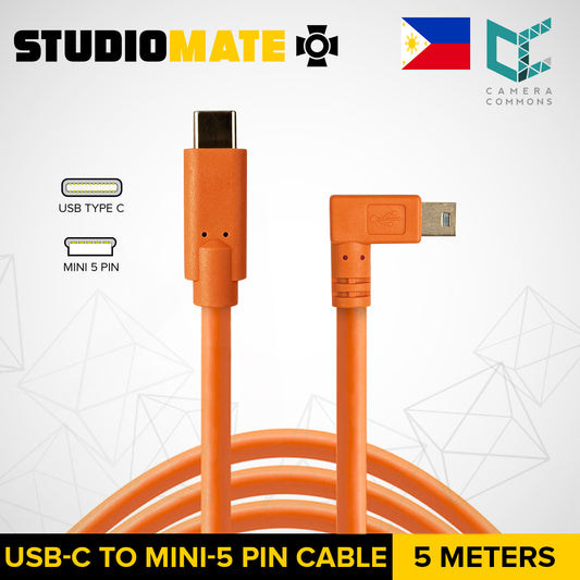 STUDIOMATE USB Type C to Mini 5 Pin Right Angle Orange Cable Connector 5 meters 5m