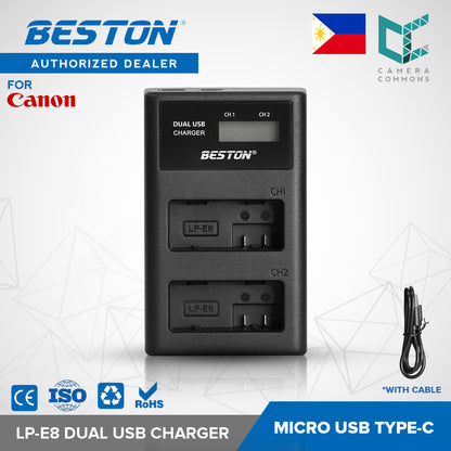 BESTON LP-E8 LCD Dual USB Charger (Micro USB Type-C) for Canon Camera Batteries LPE8