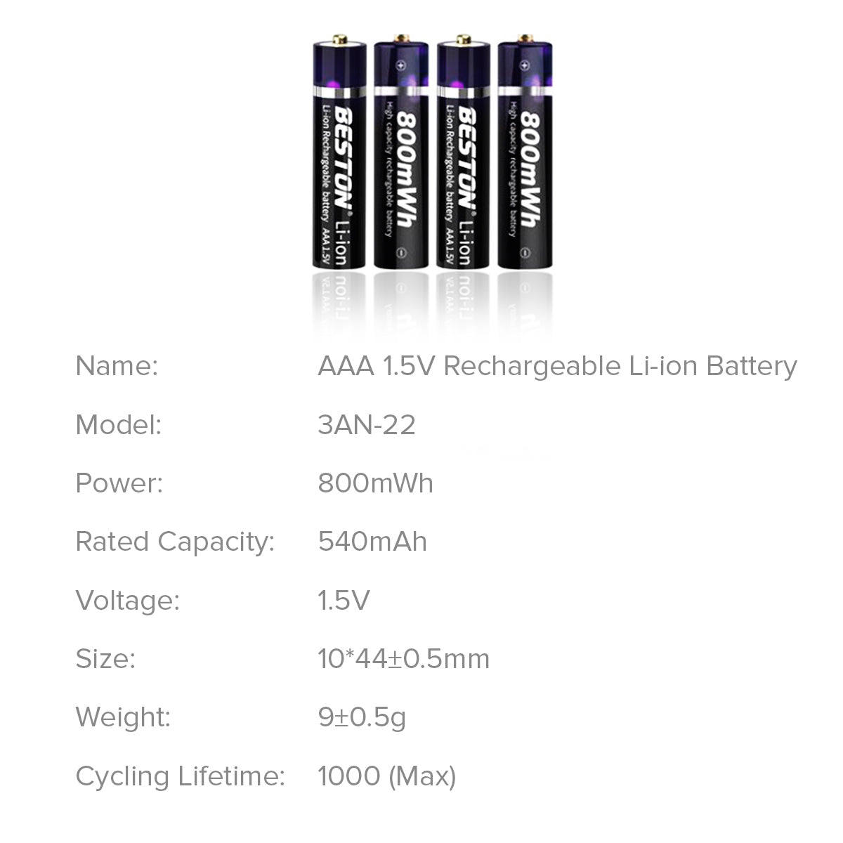 Beston 4pcs AAA 1.5V 800mWh 3AN-22 Li-ion Rechargeable Batteries