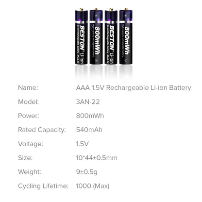 Beston 4pcs AAA 1.5V 800mWh 3AN-22 Li-ion Rechargeable Batteries
