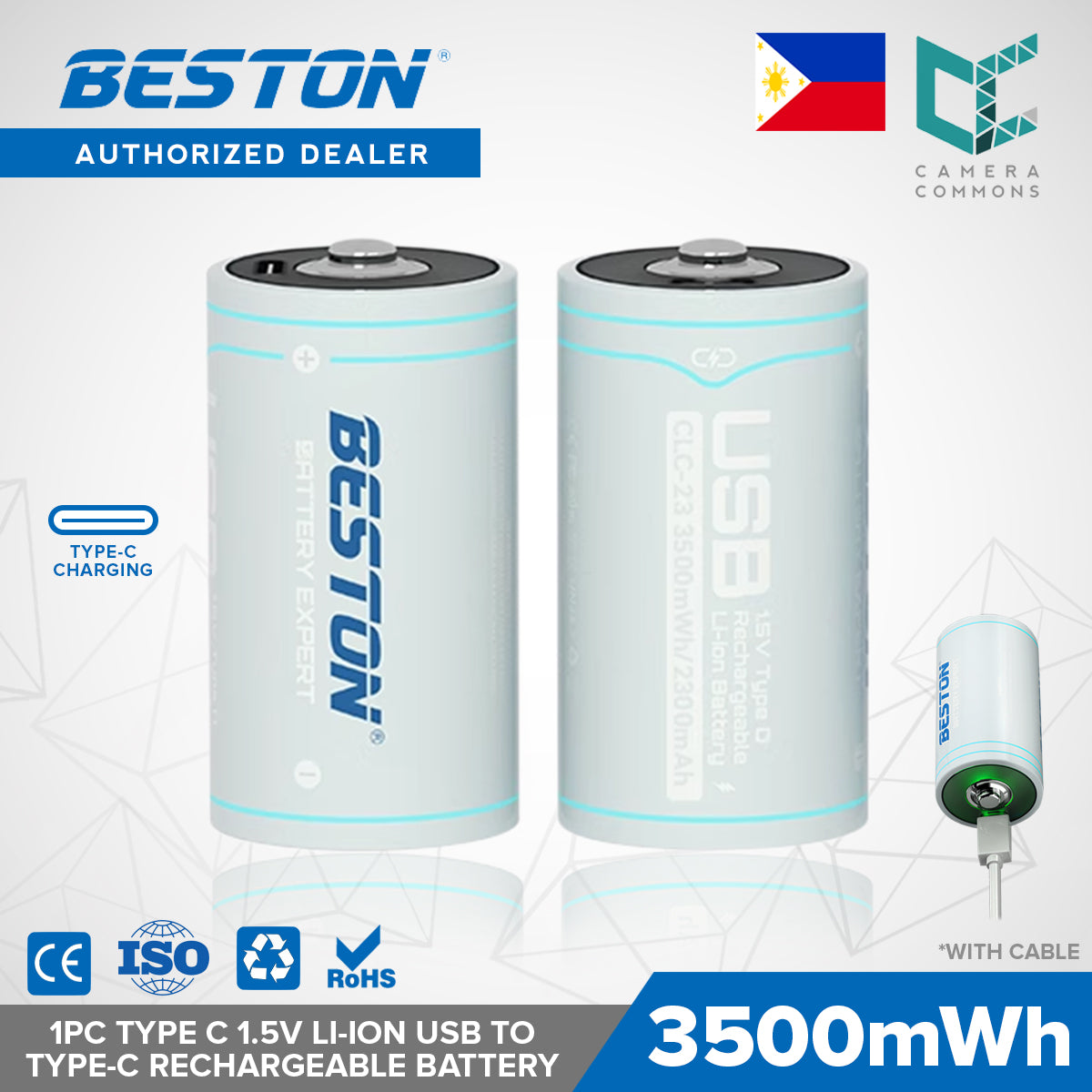 Beston 1pc Type C Size 1.5V Li-ion 3500mwh Type C Rechargeable Lithium Battery CLC-23 with Cable