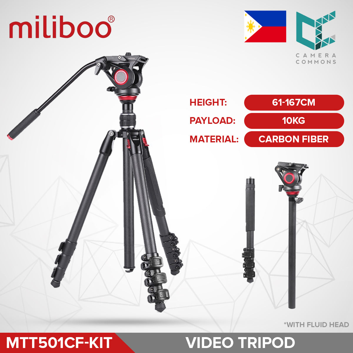 Miliboo MTT501CF KIT Professional Carbon Fiber Video Tripod Monopod with MYT801 Fluid Head for Videography MTT501