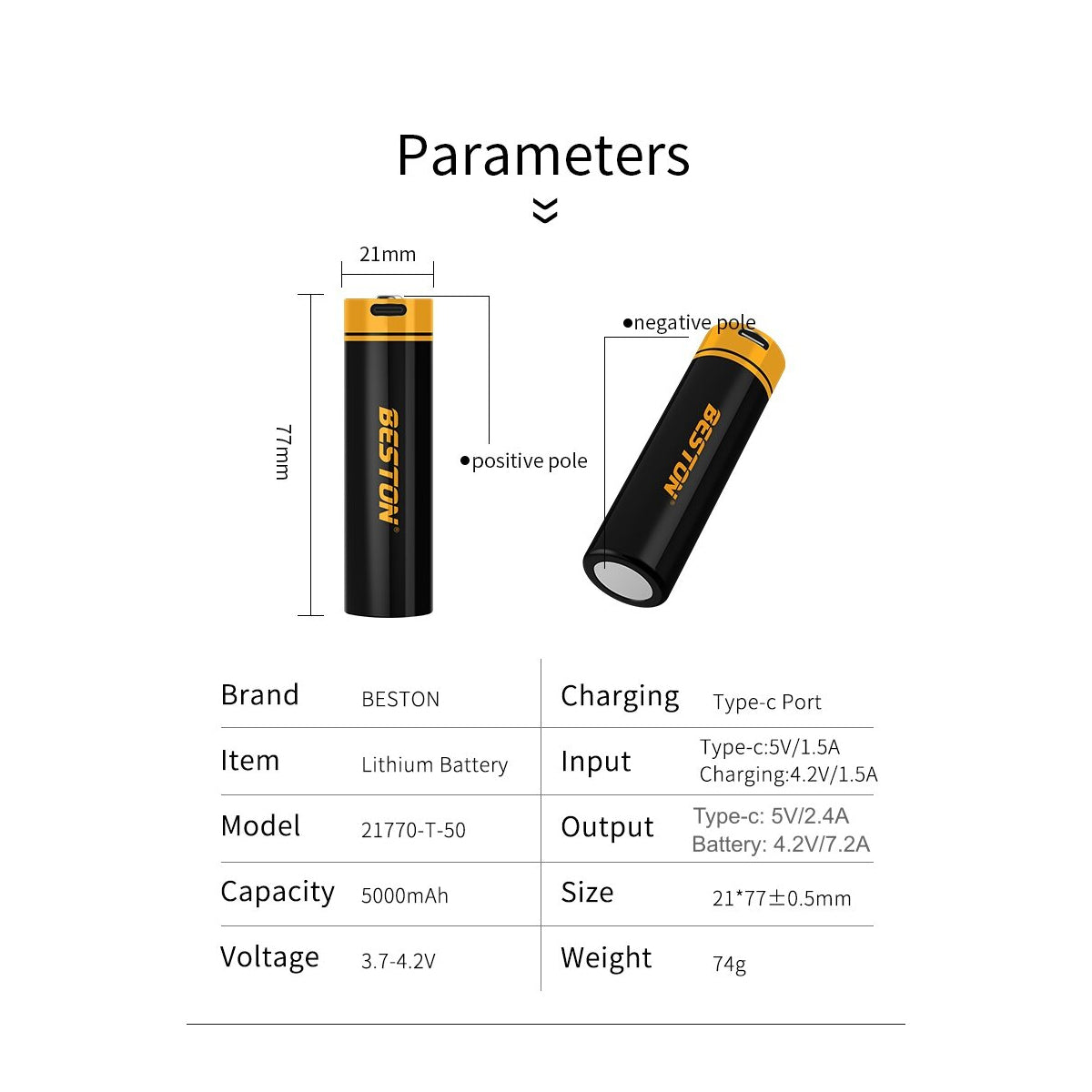 Beston 1pc 21770 77T-50 Type C 5000mah Li-ion Rechargeable Battery Two Way Plug In Black Yellow 77T50