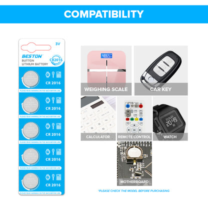Beston CR2016 Button Cell Lithium Battery Li-ion Coin 3V 3 Volts (Pack of 5)