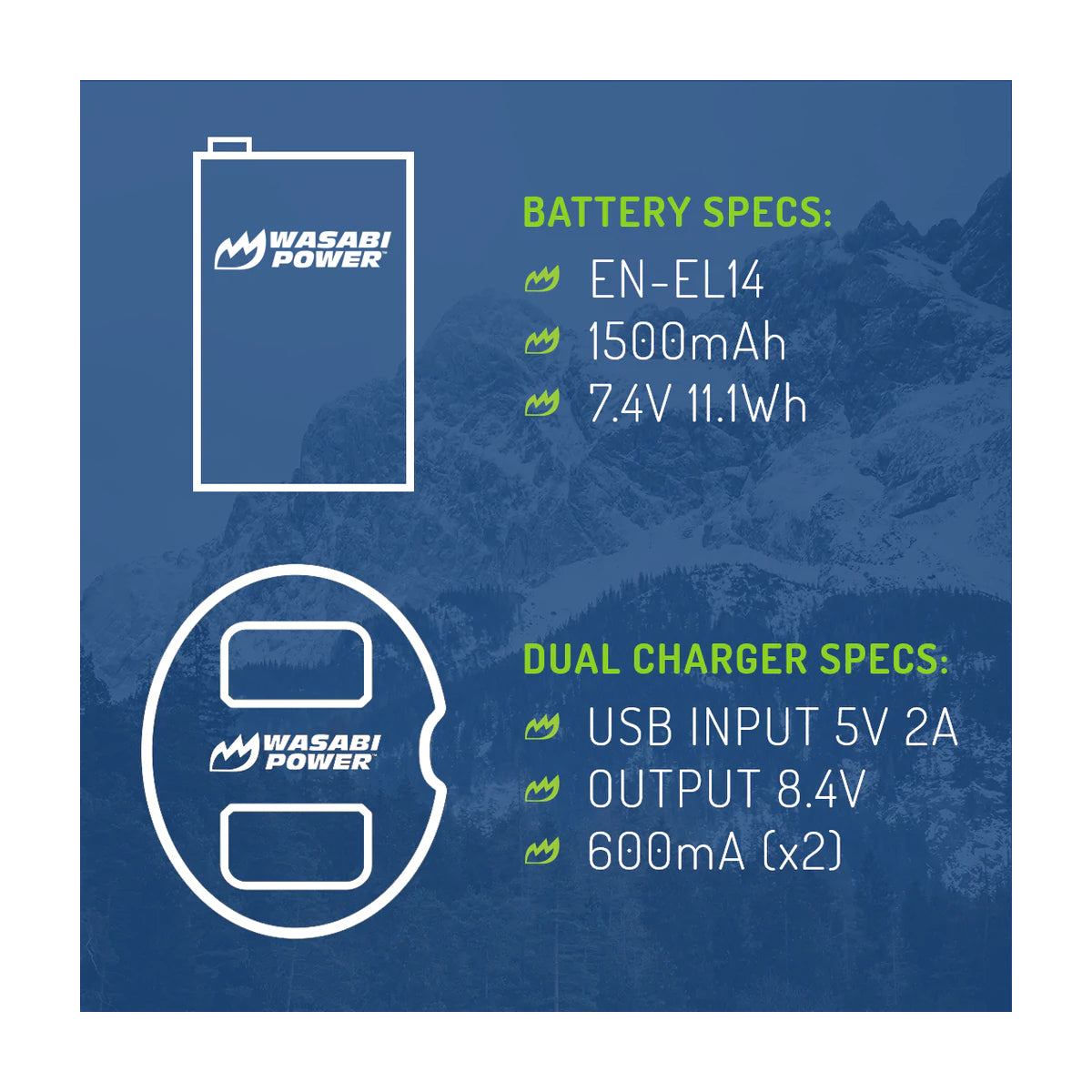 Wasabi Power EN-EL14 EN-EL14A Dual Kit Battery Charger for Nikon Cameras ENEL14