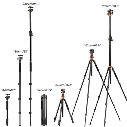 K&F Concept T254A7+BH-28L 90 inch/2.3m Tripod Reversible Detachable Monopod Transverse Center Column KF09.119