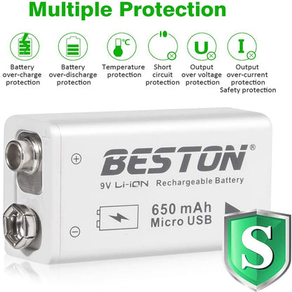 BESTON 9V Rechargeable Batteries, 650mAh Li-ion Rechargeable 9 Volt Battery with Micro USB Charging Port
