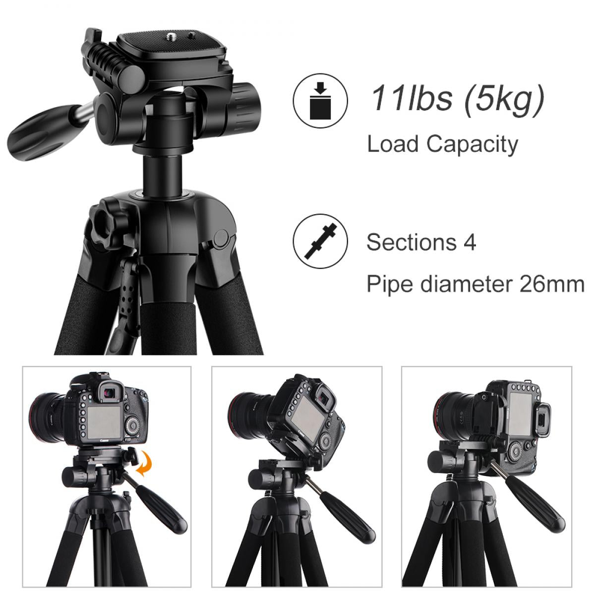 K&F Concept TM2624L 70inch Tripod with 3-Way Pan Tilt Head Gray