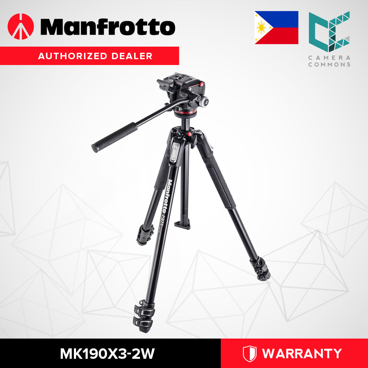 Manfrotto MK190X3-2W 190X3 Three Section Tripod with MHXPRO-2W Fluid Head