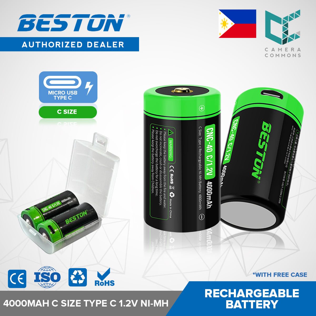 2pcs Beston 4000mAh C Size Type C 1.2V Ni-MH Rechargeable Battery with Micro USB Input BST-CNC-40