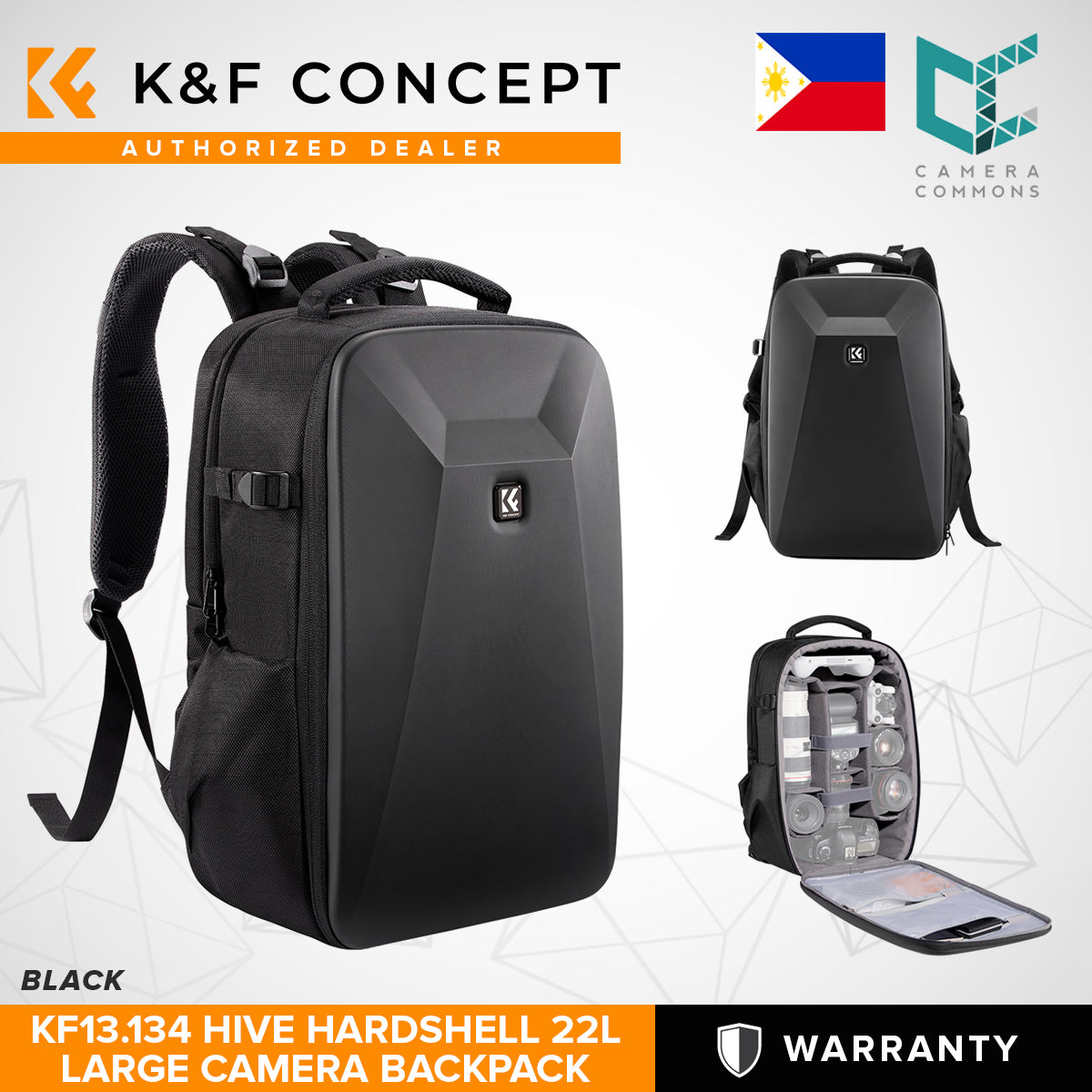 K&F Concept KF13.134 Hive HardShell 22L Large Camera Bag Backpack with 15-15.6 Inches Laptop Compartment