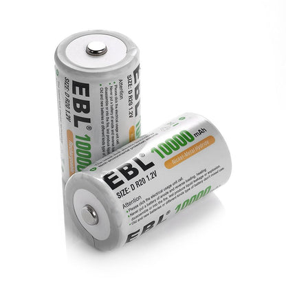 EBL 2 Pack 1.2V D Size D Cell 10000mAh Rechargeable battery - Ni-MH NiMH Camera Commons PH