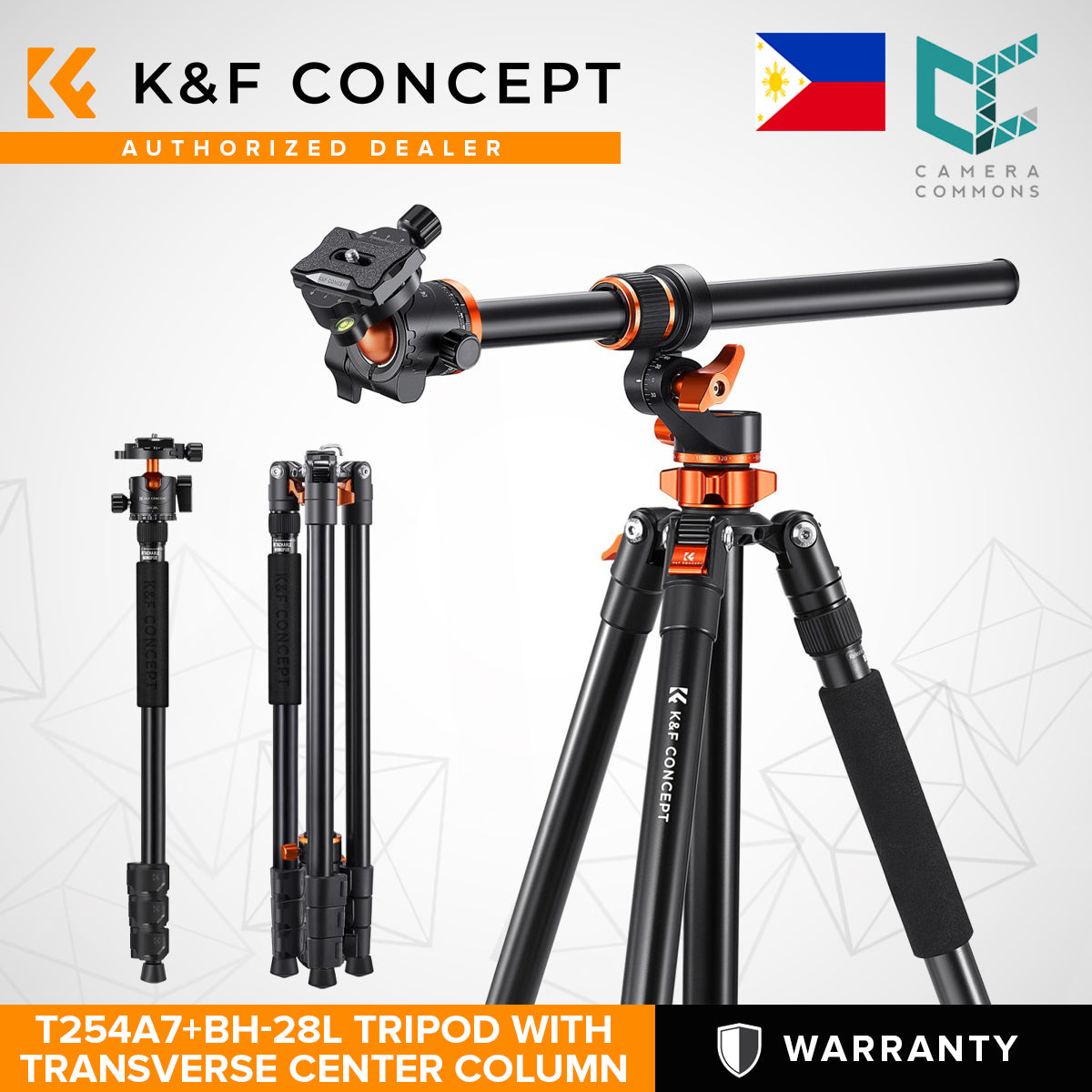 K&F Concept T254A7+BH-28L 90 inch/2.3m Tripod Reversible Detachable Monopod Transverse Center Column KF09.119