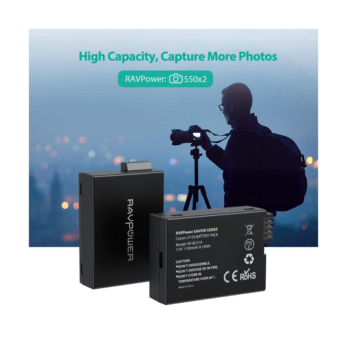 RAVPower LP-E8 Camera Battery Charger with 2pcs Batteries Set for Canon Cameras LPE8