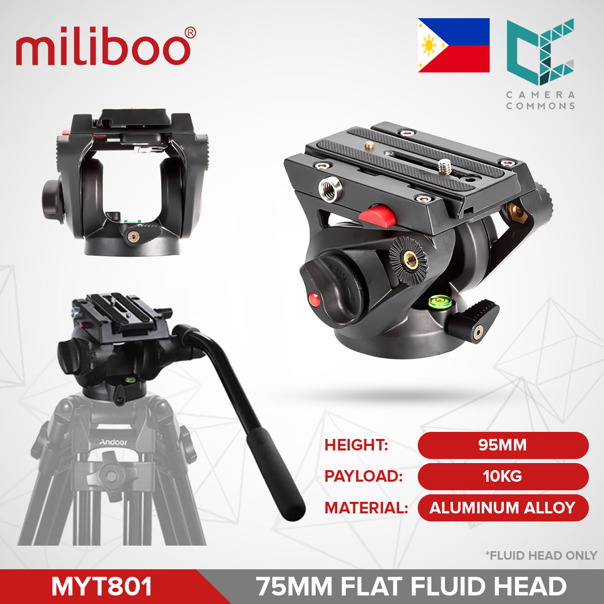 Miliboo MYT801 Fluid Head with 75mm Flat Base and Handle for Tripod