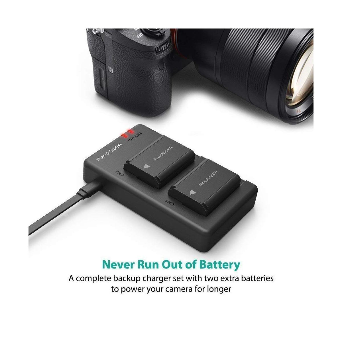 RAVPower NP-FW50 Camera Battery Charger with 2pcs Batteries Set for Sony Cameras NPFW50