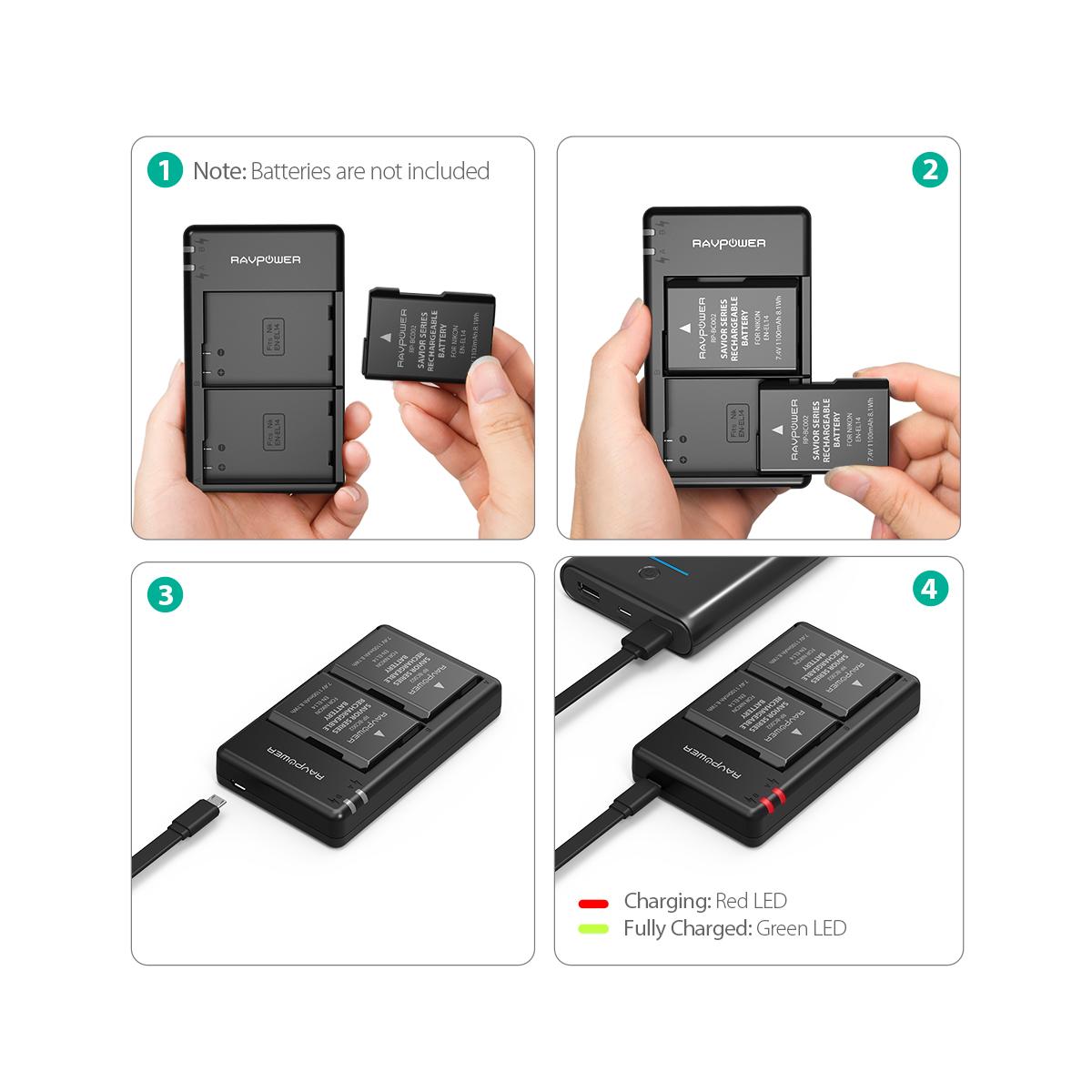 RAVPower EN-EL14 Camera Battery Charger with 2pcs Batteries Set for Nikon Cameras ENEL14
