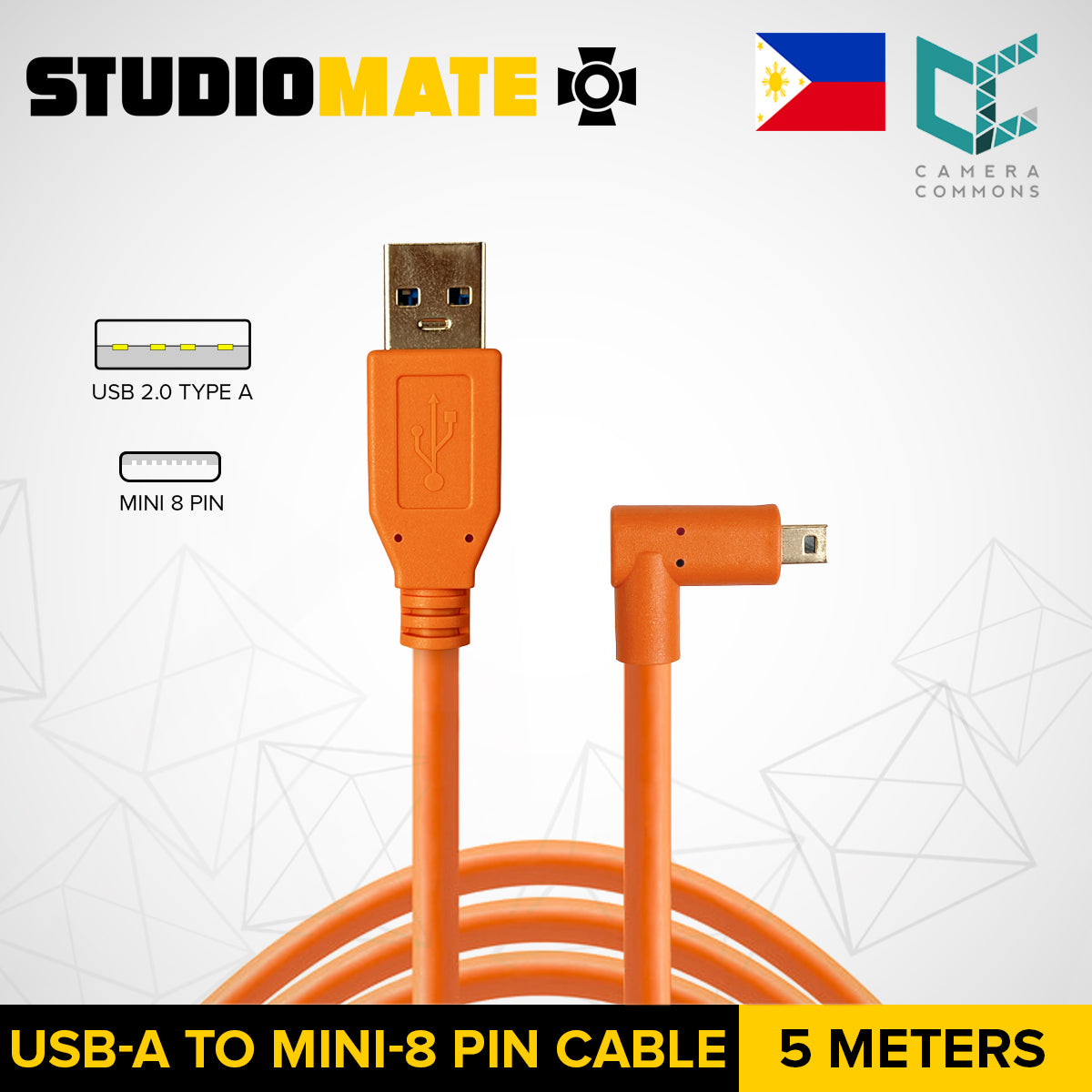 STUDIOMATE USB 2.0 Type A to Mini 8 Pin Right Angle Orange Cable Connector 5 meters 5m