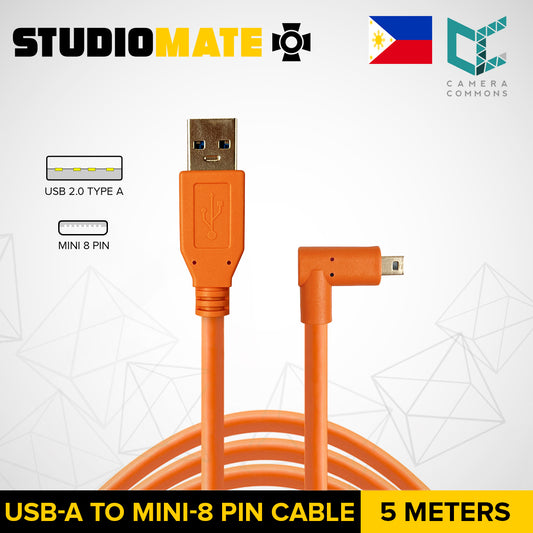 STUDIOMATE USB 2.0 Type A to Mini 8 Pin Right Angle Orange Cable Connector 5 meters 5m
