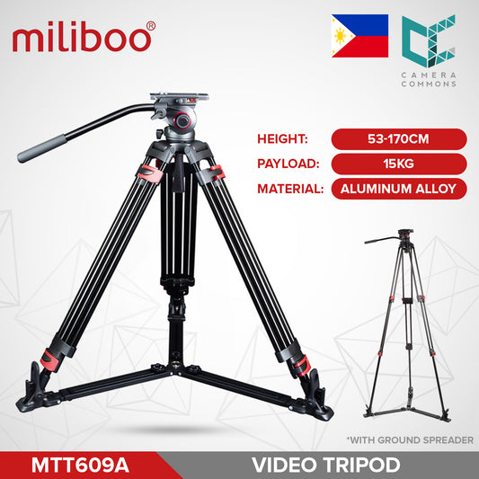 Miliboo MTT609A Professional Aluminum Video Tripod with Fluid Head and Ground Spreader Heavy Duty