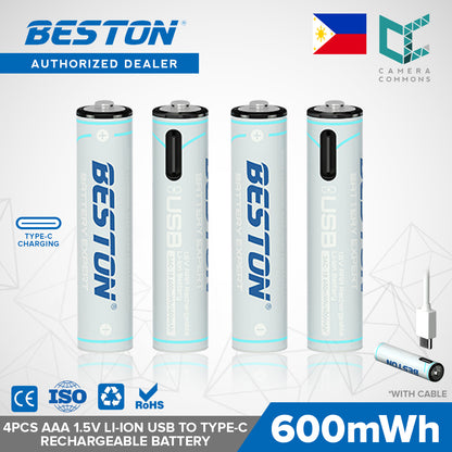 Beston 4pcs AAA 1.5V Li-ion 600mwh USB to Type C Rechargeable Lithium Battery 3AC-18 with Cable