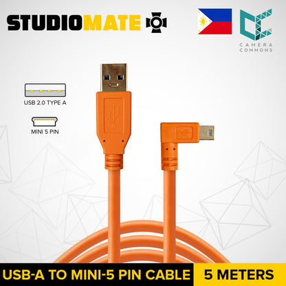 STUDIOMATE USB 2.0 Type A to Mini 5 Pin Right Angle Orange Cable Connector 5 meters 5m