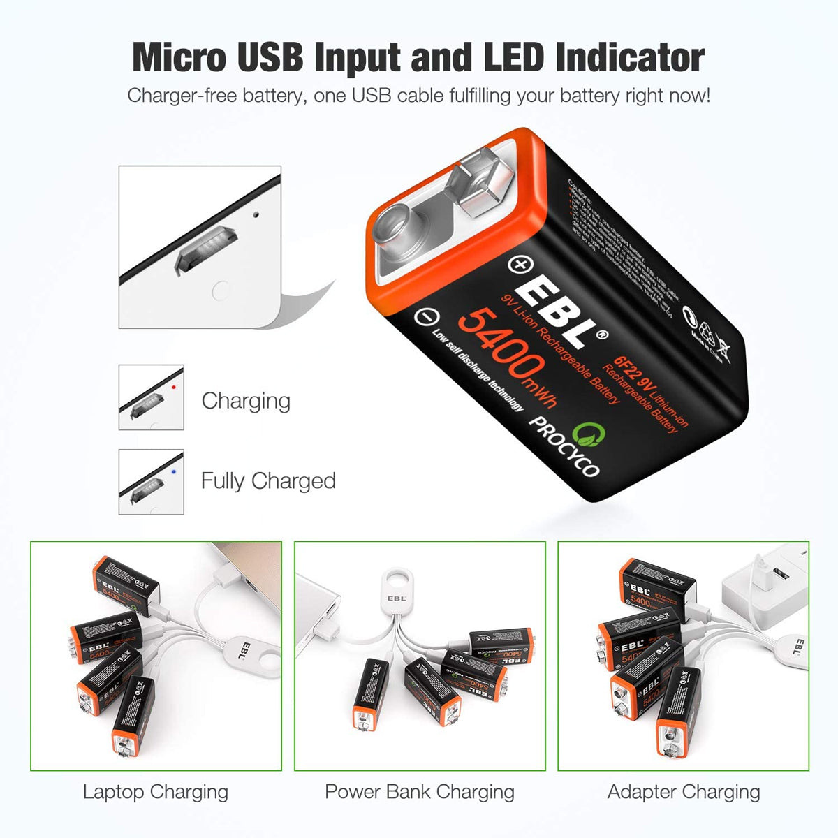 EBL USB Rechargeable 9V Lithium Batteries - 5400mWh Long Lasting LI-ion Batteries with Micro Charging Cable - Quick Charge in 2 Hours (4 Pack)