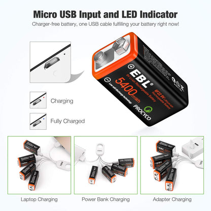 EBL USB Rechargeable 9V Lithium Batteries - 5400mWh Long Lasting LI-ion Batteries with Micro Charging Cable - Quick Charge in 2 Hours (4 Pack)
