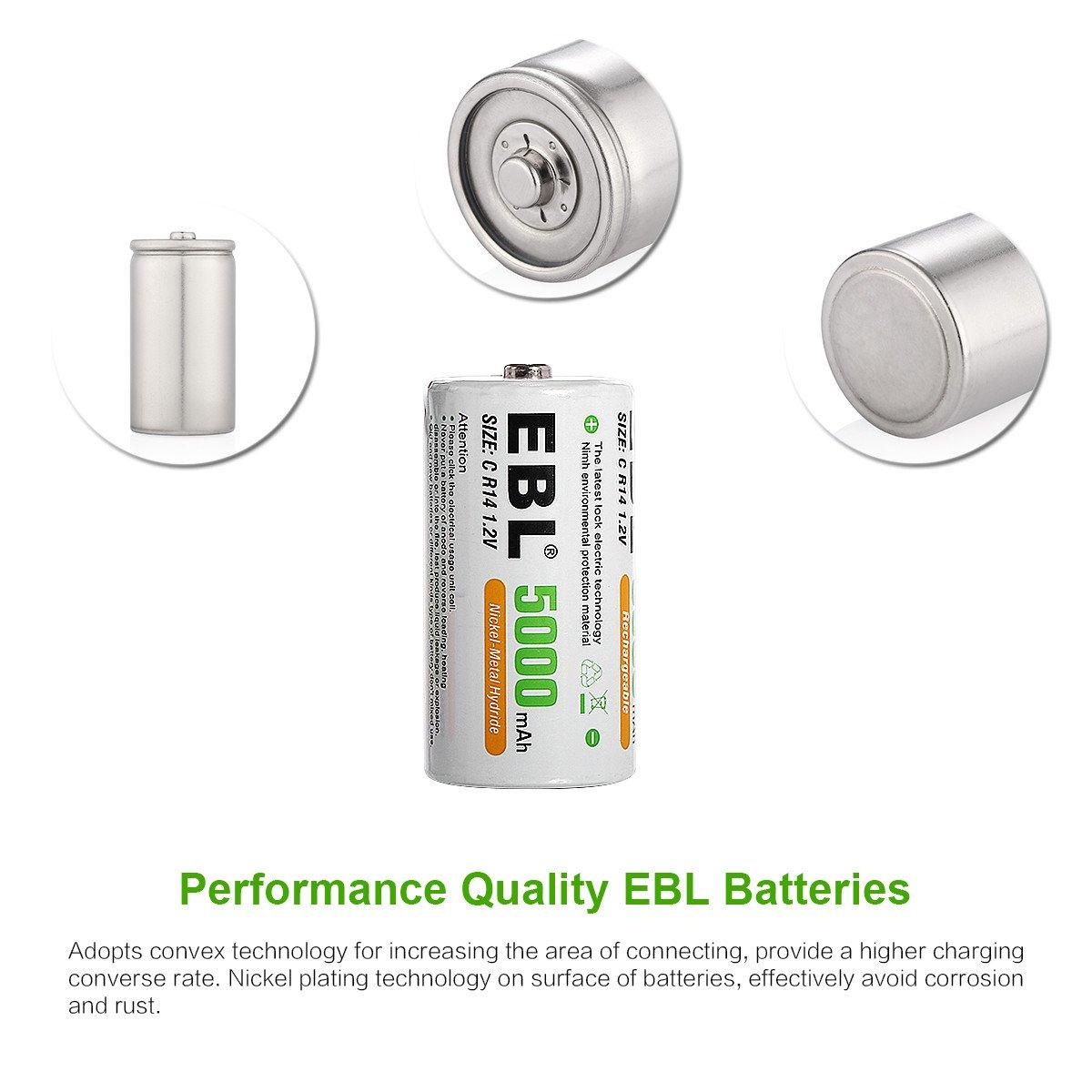 EBL 2 Pack 1.2V C Size C Cell 5000mAh Rechargeable Battery - Ni-MH NiMh Camera Commons PH
