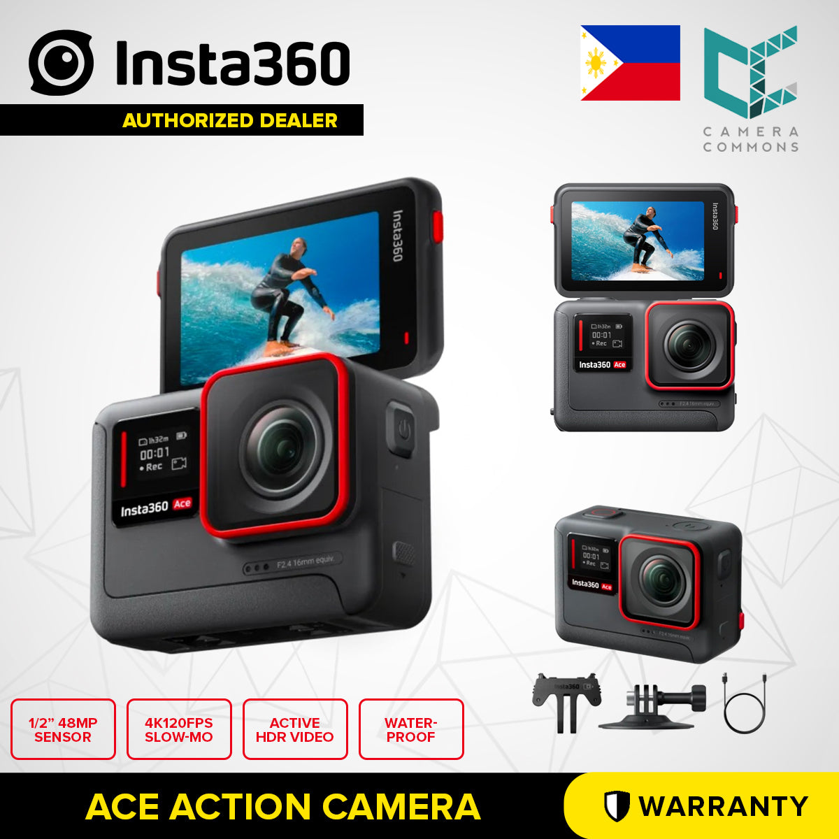 Insta360 Ace Action Camera 4K120fps Waterproof 1/2" Sensor Active HDR Video 48MP Photos
