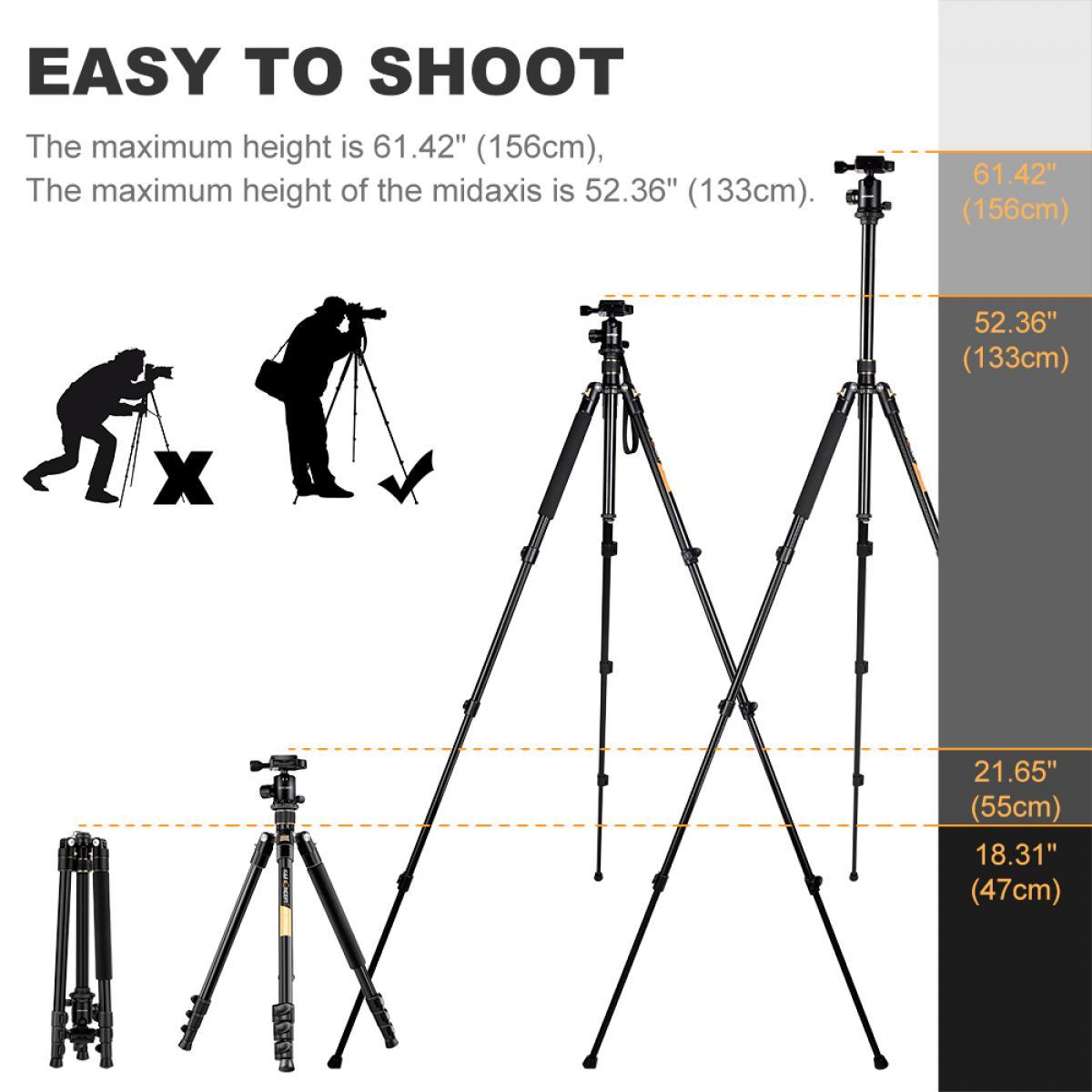 K&F Concept 62'' TM2324 DSLR Tripod, Lightweight and Compact Aluminum Camera Tripod with 360 Panorama Ball Head Quick Release Plate for Travel and Work TM2324
