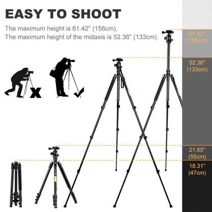 K&F Concept 62'' TM2324 DSLR Tripod, Lightweight and Compact Aluminum Camera Tripod with 360 Panorama Ball Head Quick Release Plate for Travel and Work TM2324