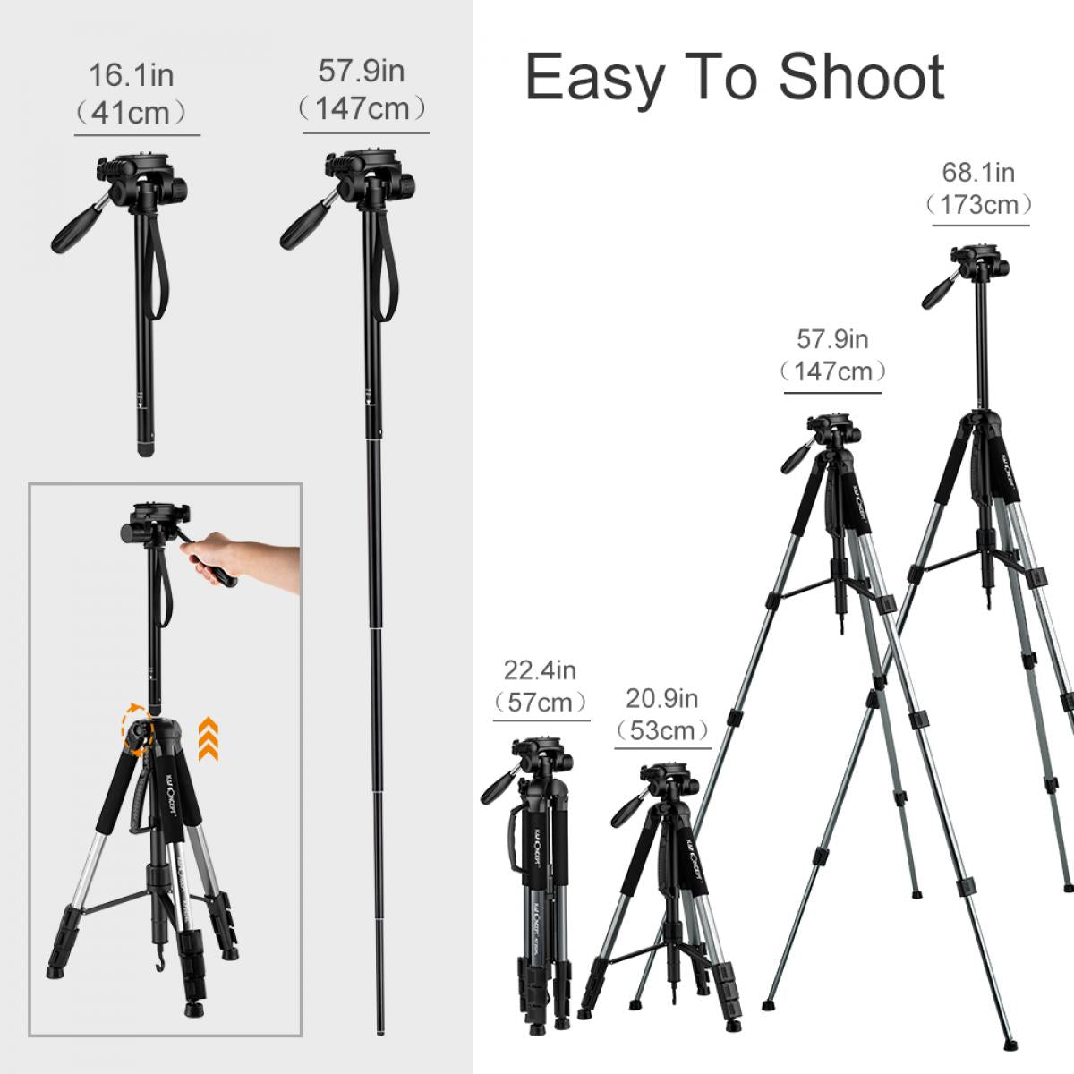K&F Concept TM2624L 70inch Tripod with 3-Way Pan Tilt Head Gray