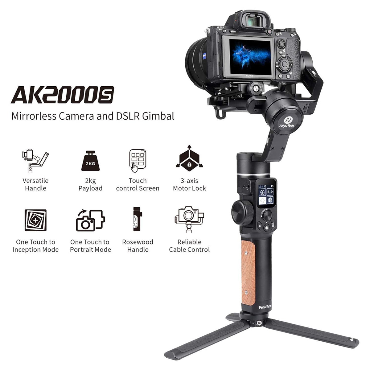 Feiyu AK2000S 3 Axis Handheld Gimbal Stabilizer for Sony a9 a7 ii a6500 Series Canon 5D Panasonic GH5 GH4 Nikon D850 Mirrorless and DSLR Digital Camera, Smart Touch Panel Feiyutech