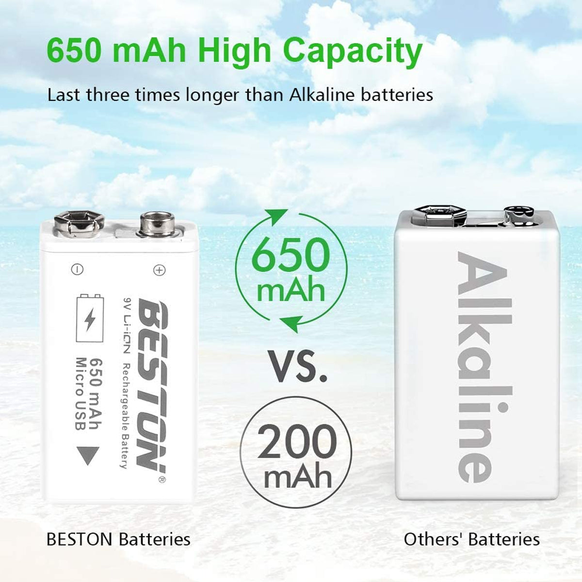 BESTON 9V Rechargeable Batteries, 650mAh Li-ion Rechargeable 9 Volt Battery with Micro USB Charging Port