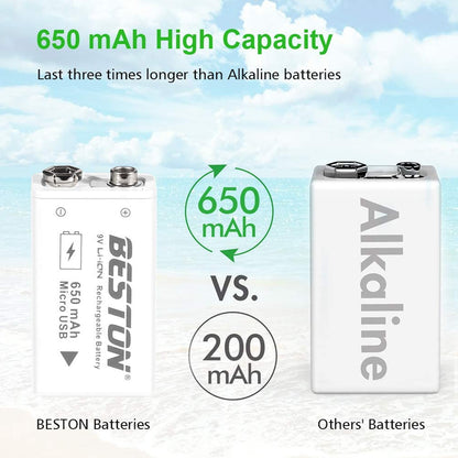 BESTON 9V Rechargeable Batteries, 650mAh Li-ion Rechargeable 9 Volt Battery with Micro USB Charging Port