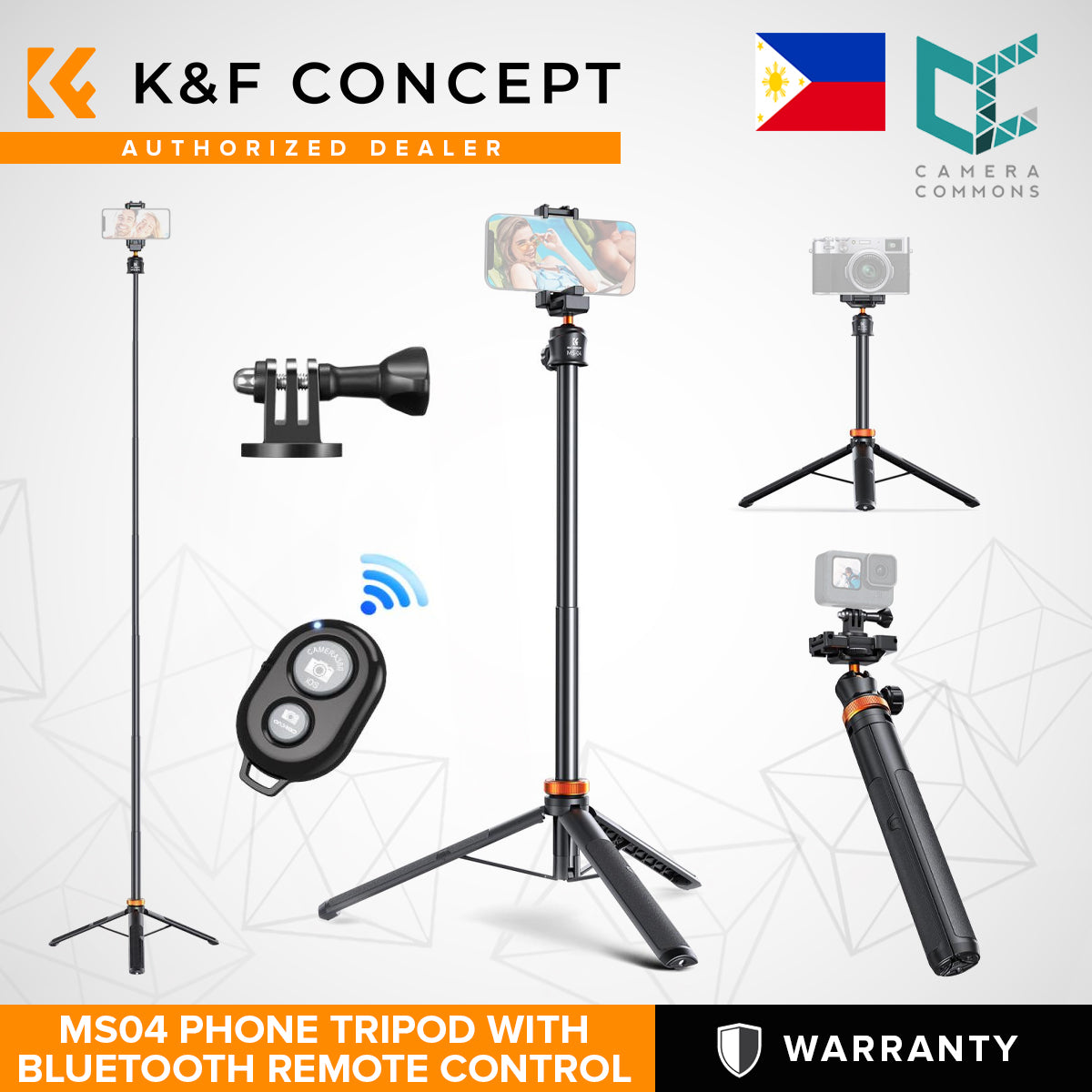 K&F Concept MS04 62'' 1.58m Phone Tripod Selfie Stick with Bluetooth Remote Control + GoPro Adapter
